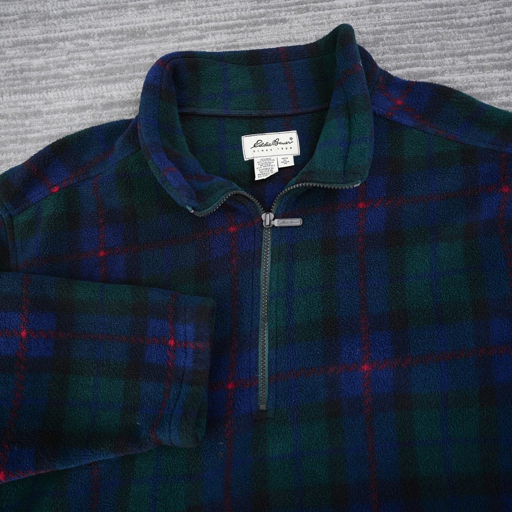 Eddie Bauer Men XL Fleece Quarter Zip Pullover Plaid Blue Green Black Watch